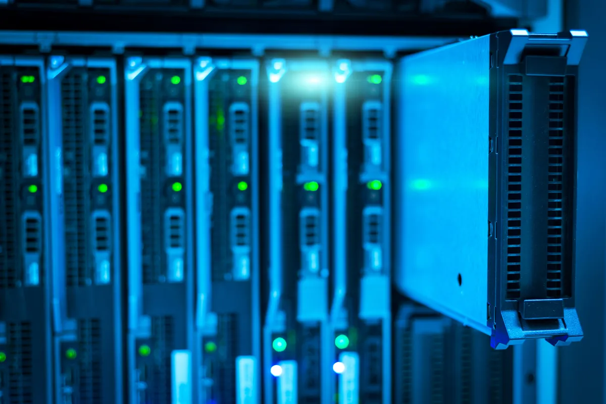Detailed view of a server rack inside a modern data center